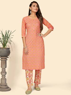 Printed & Hand Work Straight Cotton Pink Stitched Kurta With Pant 1
