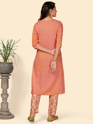 Printed & Hand Work Straight Cotton Pink Stitched Kurta With Pant 2