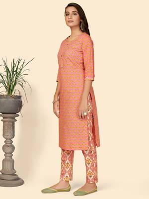 Printed & Hand Work Straight Cotton Pink Stitched Kurta With Pant 3