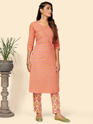 Printed & Hand Work Straight Cotton Pink Stitched Kurta With Pant 4
