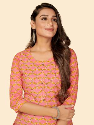 Printed & Hand Work Straight Cotton Pink Stitched Kurta With Pant 5