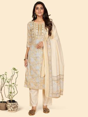 Printed & Embroidered Straight Cotton Beige Stitched Kurta Pant With Dupatta 1