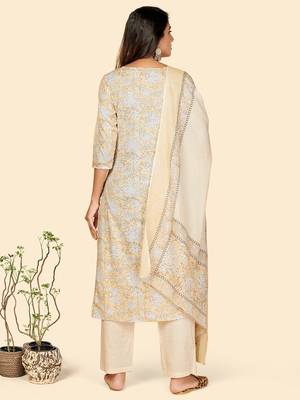 Printed & Embroidered Straight Cotton Beige Stitched Kurta Pant With Dupatta 2