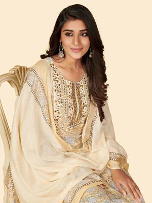 Printed & Embroidered Straight Cotton Beige Stitched Kurta Pant With Dupatta 4