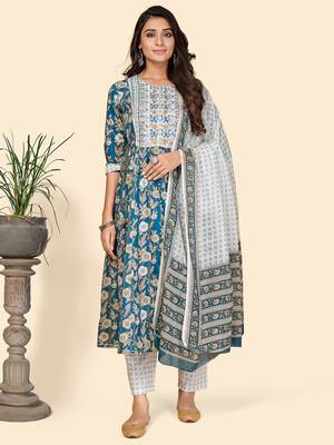 Printed & Embroidered Anarkali Cotton Aqua Stitched Kurta Pant With Dupatta 1