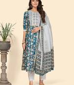 Printed & Embroidered Anarkali Cotton Aqua Stitched Kurta Pant With Dupatta