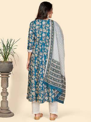 Printed & Embroidered Anarkali Cotton Aqua Stitched Kurta Pant With Dupatta 2
