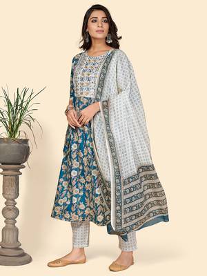 Printed & Embroidered Anarkali Cotton Aqua Stitched Kurta Pant With Dupatta 3