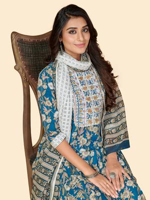 Printed & Embroidered Anarkali Cotton Aqua Stitched Kurta Pant With Dupatta 4