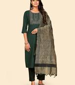 Sequience Work Straight Cotton Green Stitched Kurta Pant With Dupatta