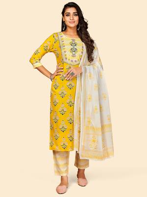Printed & Embroidered Straight Cotton Yellow Stitched Kurta Pant With Dupatta 1