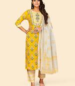 Printed & Embroidered Straight Cotton Yellow Stitched Kurta Pant With Dupatta