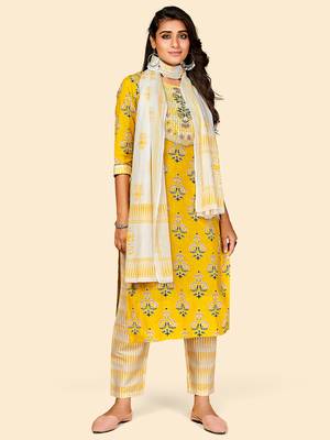 Printed & Embroidered Straight Cotton Yellow Stitched Kurta Pant With Dupatta 2