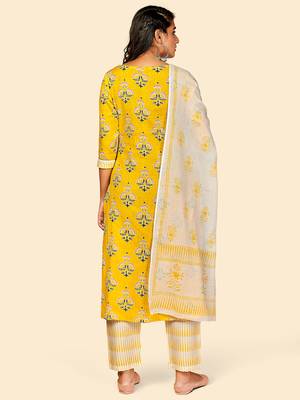Printed & Embroidered Straight Cotton Yellow Stitched Kurta Pant With Dupatta 3