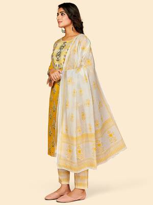 Printed & Embroidered Straight Cotton Yellow Stitched Kurta Pant With Dupatta 4