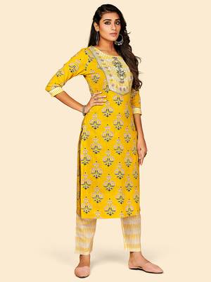 Printed & Embroidered Straight Cotton Yellow Stitched Kurta Pant With Dupatta 5