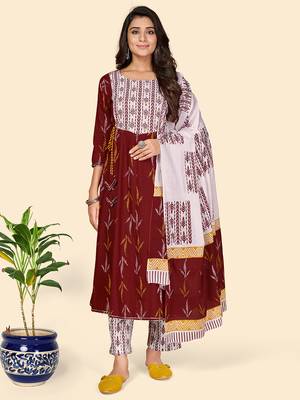 Printed & Embroidered Anarkali Cotton Maroon Stitched Kurta Pant With Dupatta 1