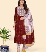Printed & Embroidered Anarkali Cotton Maroon Stitched Kurta Pant With Dupatta
