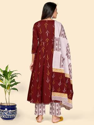 Printed & Embroidered Anarkali Cotton Maroon Stitched Kurta Pant With Dupatta 2