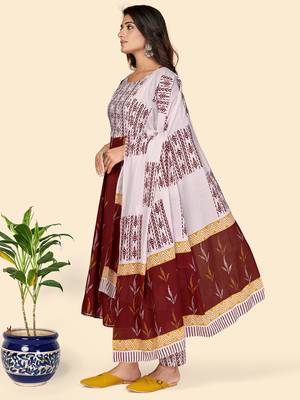 Printed & Embroidered Anarkali Cotton Maroon Stitched Kurta Pant With Dupatta 3