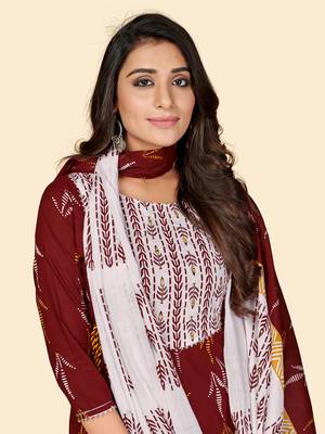 Printed & Embroidered Anarkali Cotton Maroon Stitched Kurta Pant With Dupatta 4