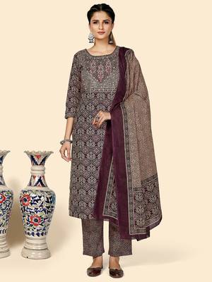 Printed & Sequience Work Straight Cotton Purple Stitched Kurta Pant With Dupatta 1