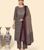 Printed & Sequience Work Straight Cotton Purple Stitched Kurta Pant With Dupatta