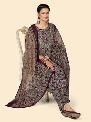 Printed & Sequience Work Straight Cotton Purple Stitched Kurta Pant With Dupatta 2