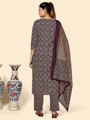 Printed & Sequience Work Straight Cotton Purple Stitched Kurta Pant With Dupatta 3