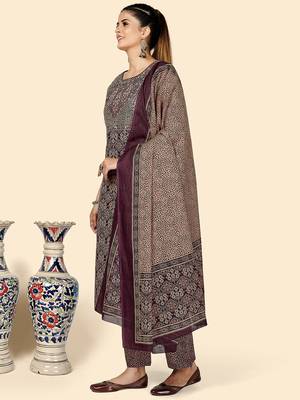 Printed & Sequience Work Straight Cotton Purple Stitched Kurta Pant With Dupatta 4