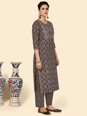 Printed & Sequience Work Straight Cotton Purple Stitched Kurta Pant With Dupatta 5