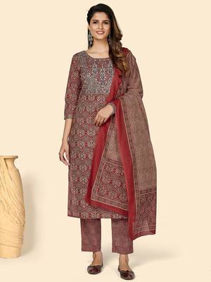 Printed & Sequience Work Straight Cotton Red Stitched Kurta Pant With Dupatta 1