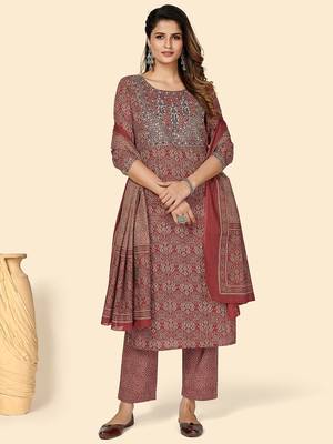 Printed & Sequience Work Straight Cotton Red Stitched Kurta Pant With Dupatta 2
