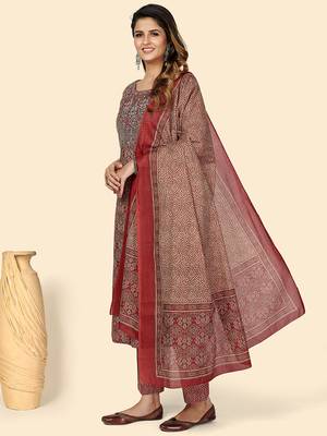 Printed & Sequience Work Straight Cotton Red Stitched Kurta Pant With Dupatta 4
