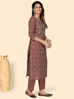 Printed & Sequience Work Straight Cotton Red Stitched Kurta Pant With Dupatta 5