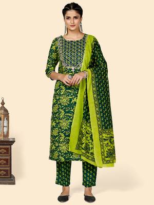 Printed & Sequience Work Straight Cotton Green Stitched Kurta Pant With Dupatta 1