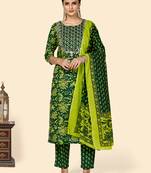 Printed & Sequience Work Straight Cotton Green Stitched Kurta Pant With Dupatta