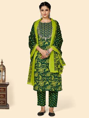 Printed & Sequience Work Straight Cotton Green Stitched Kurta Pant With Dupatta 2