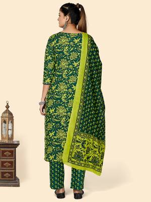Printed & Sequience Work Straight Cotton Green Stitched Kurta Pant With Dupatta 3