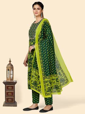 Printed & Sequience Work Straight Cotton Green Stitched Kurta Pant With Dupatta 4