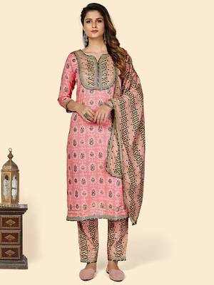 Printed & Gota Patti Work Straight Rayon Light Pink Stitched Kurta Pant With Dupatta 1