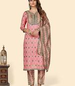 Printed & Gota Patti Work Straight Rayon Light Pink Stitched Kurta Pant With Dupatta