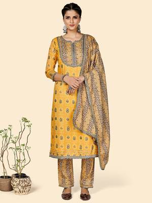 Printed & Gota Patti Work Straight Rayon Yellow Stitched Kurta Pant With Dupatta 1
