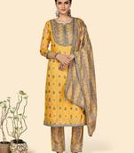 Printed & Gota Patti Work Straight Rayon Yellow Stitched Kurta Pant With Dupatta