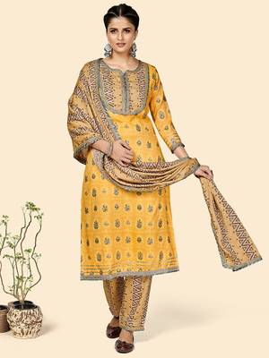 Printed & Gota Patti Work Straight Rayon Yellow Stitched Kurta Pant With Dupatta 2