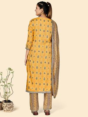 Printed & Gota Patti Work Straight Rayon Yellow Stitched Kurta Pant With Dupatta 3