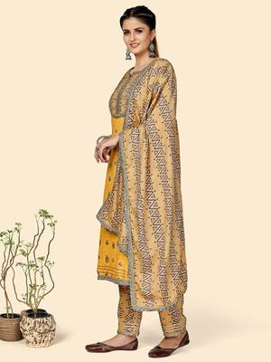 Printed & Gota Patti Work Straight Rayon Yellow Stitched Kurta Pant With Dupatta 4