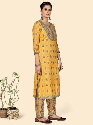 Printed & Gota Patti Work Straight Rayon Yellow Stitched Kurta Pant With Dupatta 5