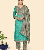 Printed & Gota Patti Work Straight Rayon Turquoise Stitched Kurta Pant With Dupatta