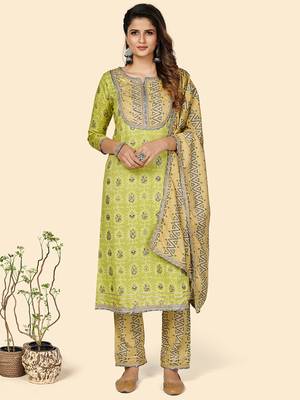 Printed & Gota Patti Work Straight Rayon Parrot Green Stitched Kurta Pant With Dupatta 1